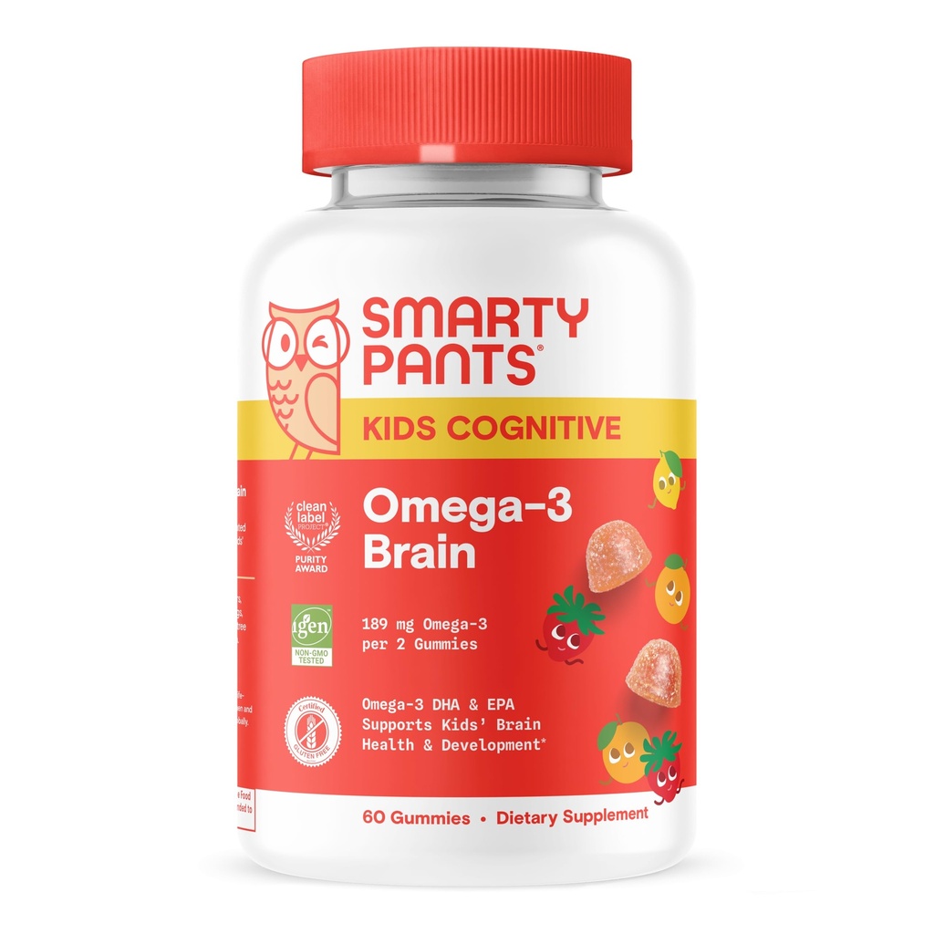 SmartyPants Kinder Vitamine Kognitive Omega-3 Brain Gummis mit DHA & EPA, Citrus Strawberry, 60 Zähler (30 Tage Versorgung)
