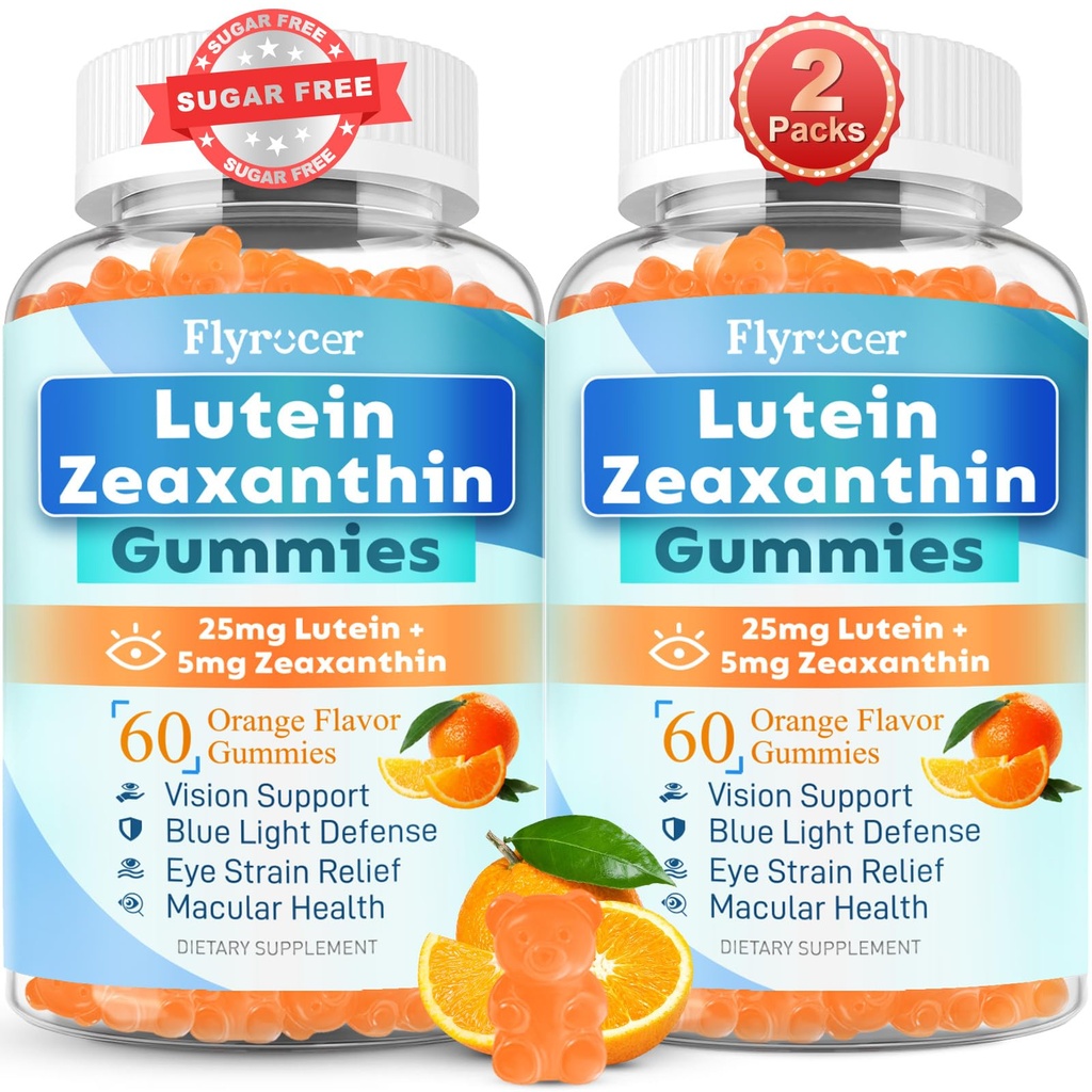 Lutéine sans sucre Gommies 25mg, Lutéine et Zeaxanthin suppléments pour la santé des yeux, 13-en-1 Formule de soins des yeux avec Omega-3 Bilberry Safran-Vision santé, souche des yeux, yeux secs,Vegan Orange Arôme 120 Cts