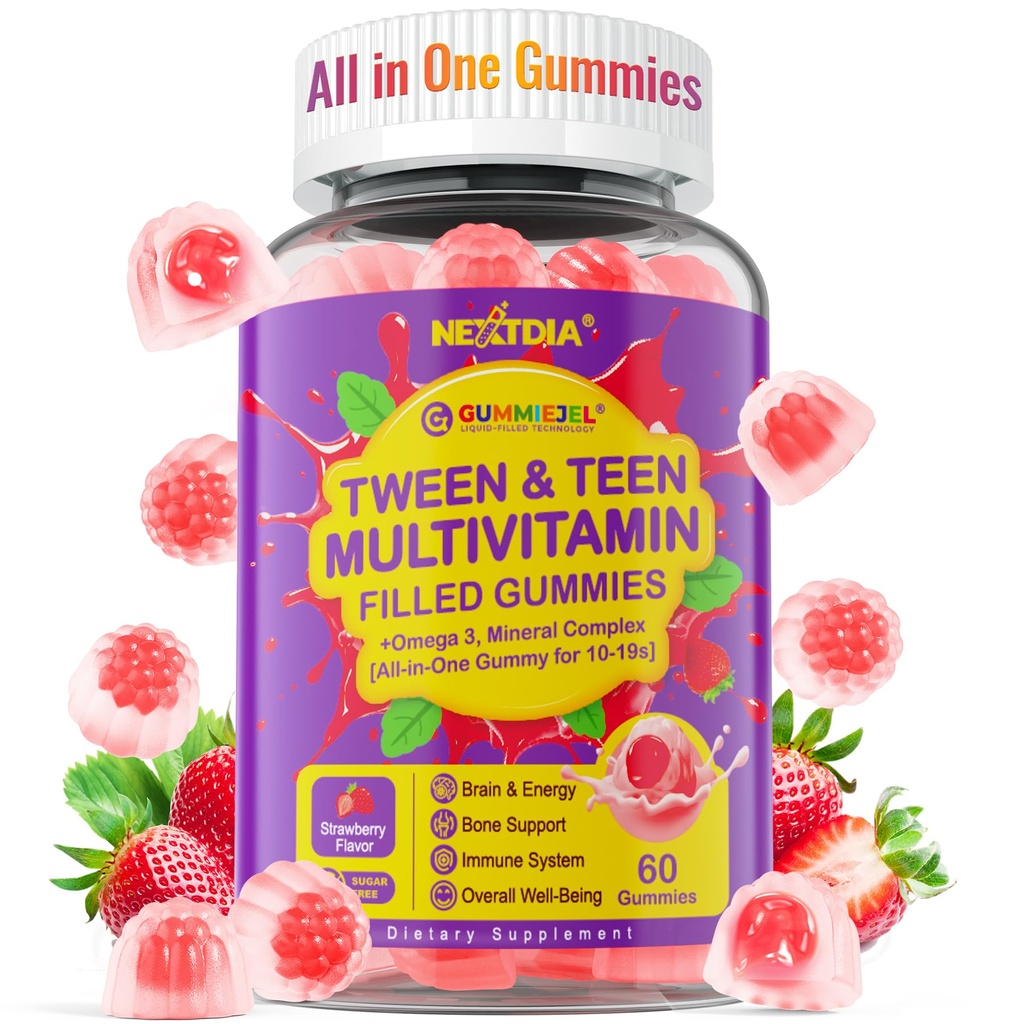 Nextdia Multivitamin Gefüllte Gummi für Teen Boys Mädchen 12-17, 18, 19, Kinder 10+ Multivitamin mit Omega 3, Calcium + Magnesium + Zink, Multi-Minerale für Jugendliche 10-19S Gehirn, Knochen, Energie, Immune