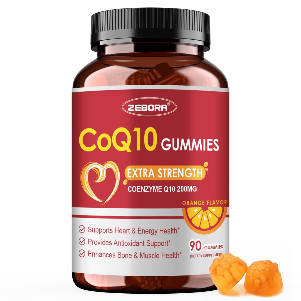 ZEBORA CoQ10 200mg Gummie, hohe Absorption Coenzym Q10 Ergänzungen mit Omega-3, Herz- und Energieunterstützung, Leistungsstarkes Antioxidans, Orange Flavor, 90 Gummie