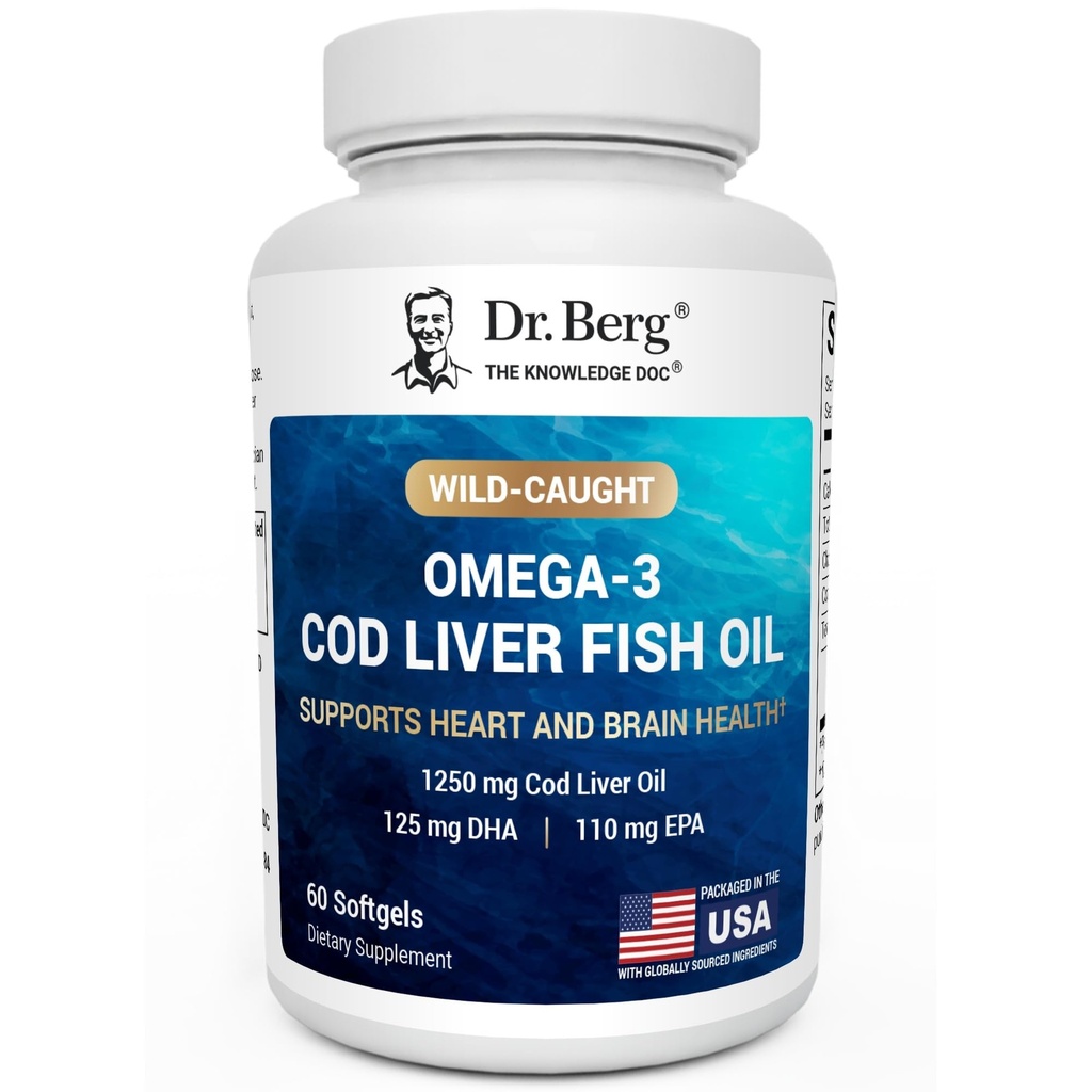 Dr. Berg Omega-3 Cod Liver Fischöl 60 Softgels – Wild gefangener isländischer Kabeljau – Omega 3 EPA & DHA – Herz, Gehirn, Immunsystem & Augenunterstützung* – Zitronengeschmack – 4X Lab-Tested – Nicht-GVO, keine Füllstoffe
