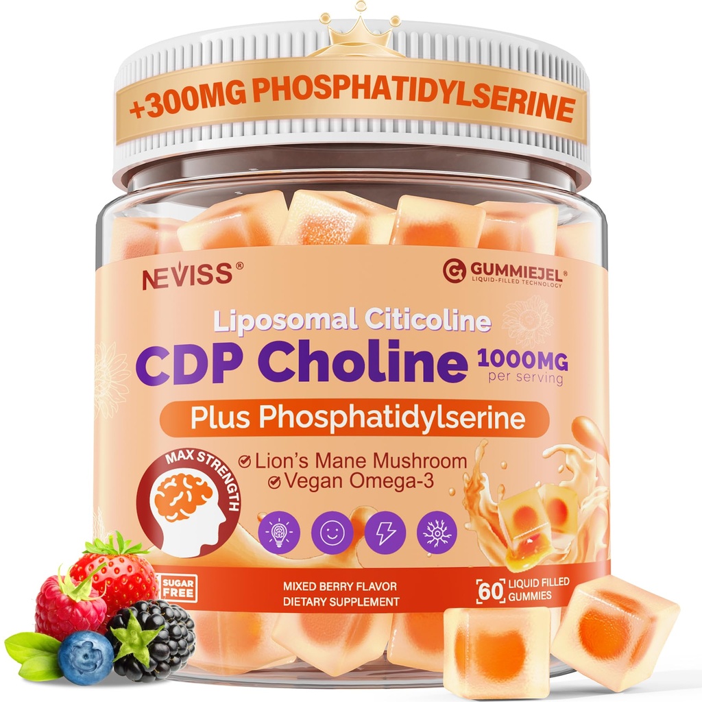 Citicoline 1000mg & Phosphatidylserine 300mg ergänzt CDP Choline Gummis, Gehirnergänzung für Gedächtnis und Fokus w/ Lion's Mane Mushroom, Omega-3, Methylfolate, B6 & B12, Non-GMO,Sugar Free,60ct