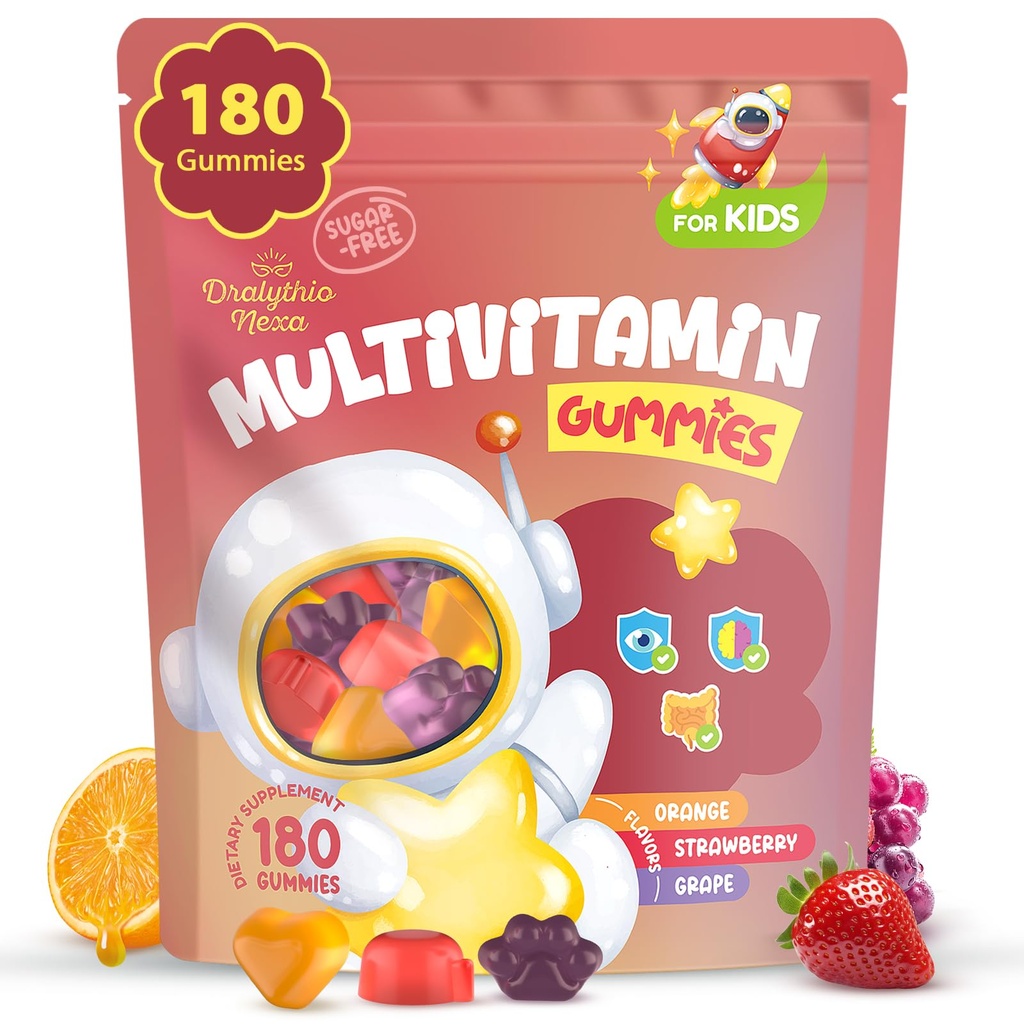 Kids Multivitamin Gummies 180 Count - Augen, Gehirn & Gut-Unterstützung - Zuckerfreie Vitamine für Kinder - mit Lutein, Omega-3 DHA & Prebiotics - 3 Fruchtgeschmack - Alter 2+