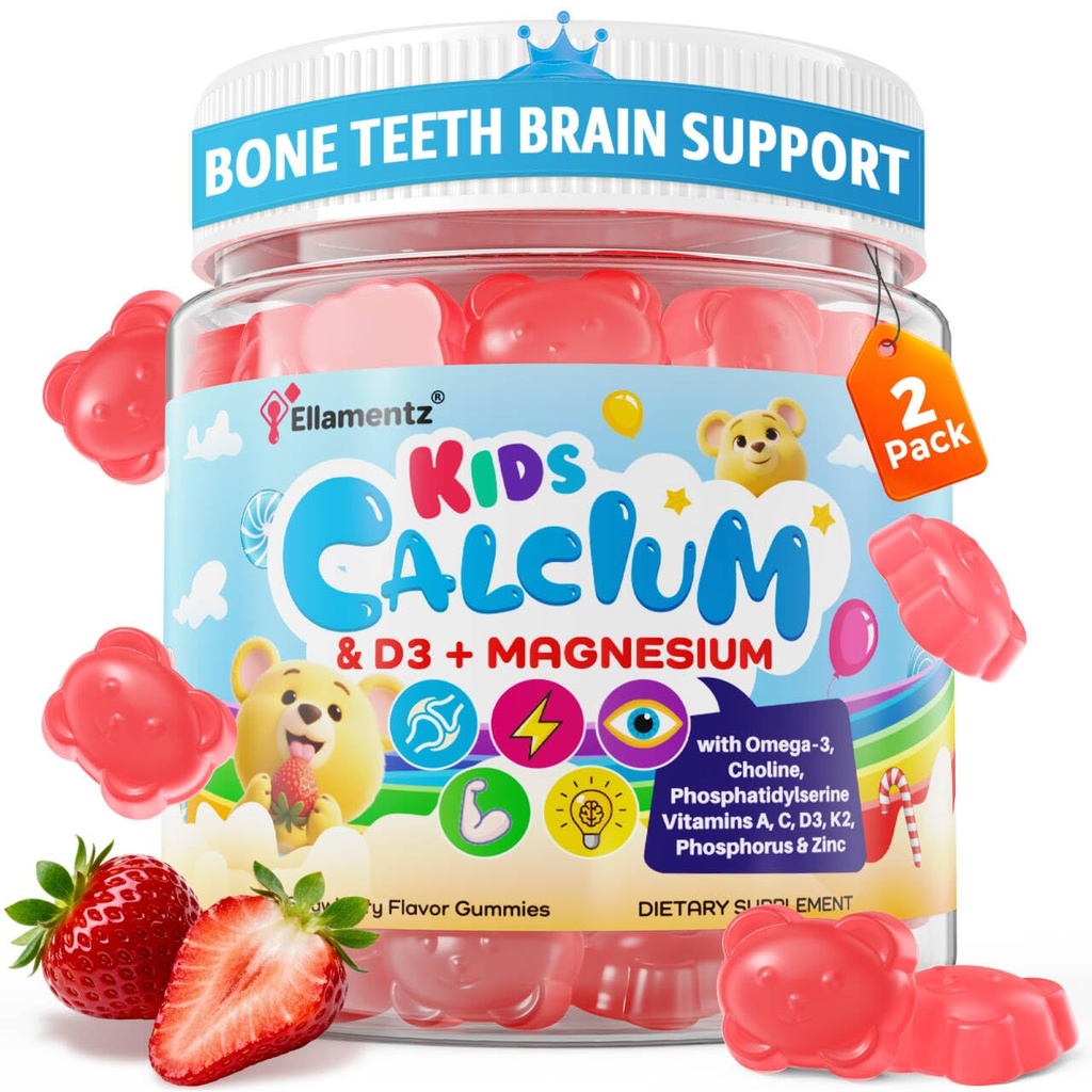 Gommies de calcium + D3 & Magnésium pour enfants et adolescents, avec Citrate de calcium Calcium Algae Calcium Lait, Omega-3 (DHA/EPA), Vitamines A, C, K2, Choline, Zinc, Vitamines Gommies pour os, Grôwth & Cerveau, 2 Pack