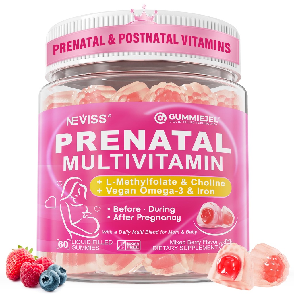 Pränatale Vitamine für Frauen Multivitamin Gummie w/ Methylfolate 1mg, Choline Omega-3(DHA+EPA) Eisen, postnatale Vitamine für Frauen Stillen | Vor, Während und nach Schwangerschaft,Sugar Free,Vegan,60Cts