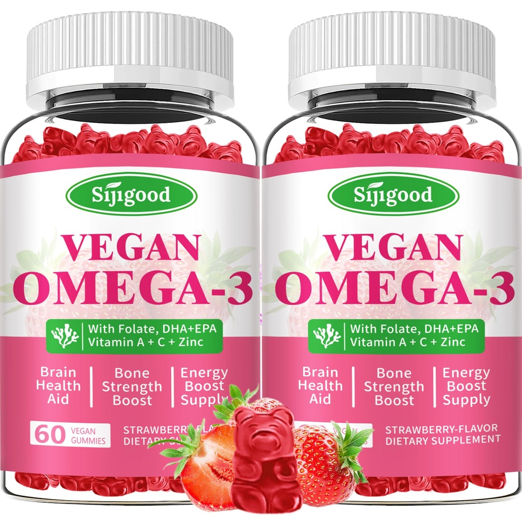 Omega-3 Gummies Potent Algae Omega Source, Boost Cerveau, Yeux et fonction immunitaire, avec DHA et EPA Vegan et sans sucre, fraise, 120 comte