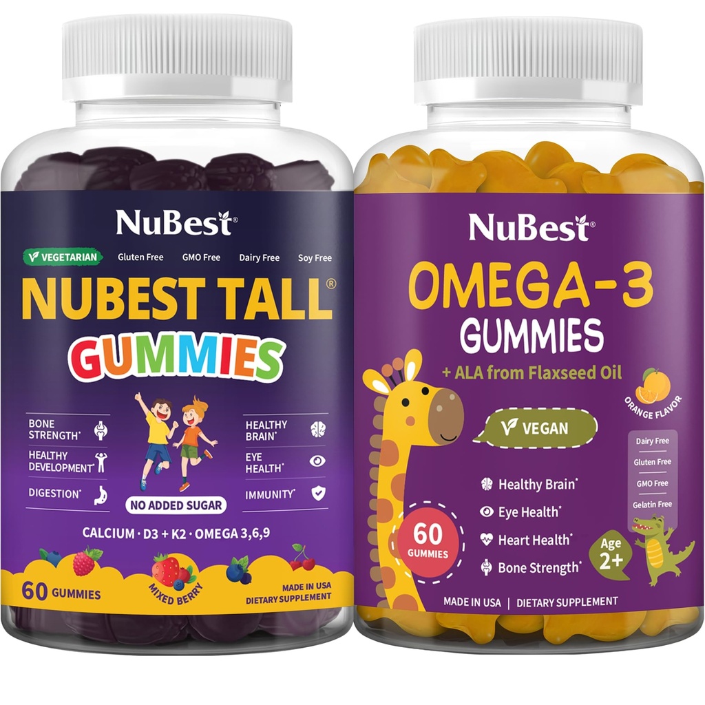 NuBest Bundle: Gommies quotidiennes pour le développement complet, la santé du cerveau, la santé oculaire Gommies et Omega 3 huile de lin pour les enfants et les adolescents
