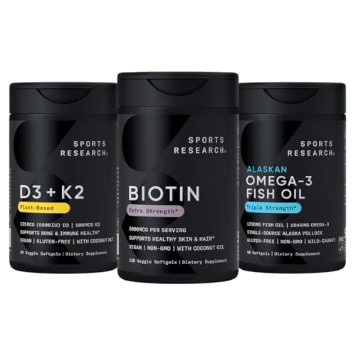 Sport Research® Healthy Hair Pack - Biotin 5.000mcg mit Bio Kokosöl + Vegan Vitamin D 5000iu & Mk7 Vitamin K 100mcg + Omega-3 Fischöl 1250