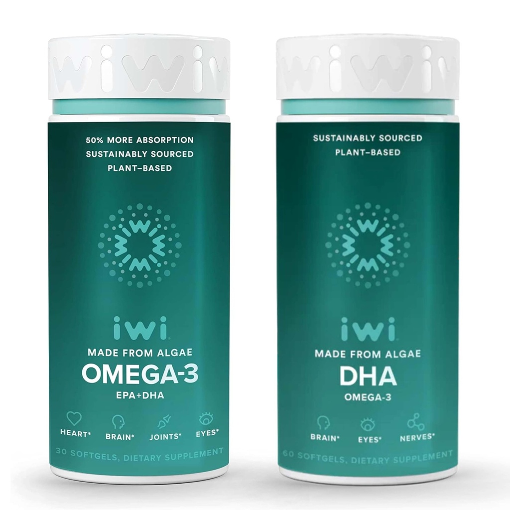 Iwi Omega-3 & DHA Omega-3 Bundle, 30 Servierungen, Vegan pflanzenbasierte Algen Omega 3, Krill & Fisch Öl Alternative, keine Fishy Nachgeschmack