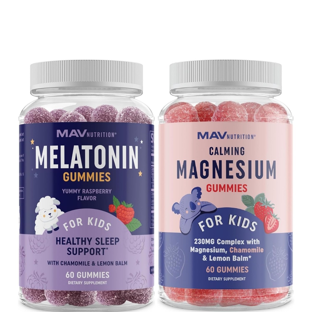 Magnesium Calming Gummies and Melatonin Gummies for Kids | Relaxation, Sleep & Wake-Sleep Cycle Support with Chamomile & Lemon Balm | 60 Gummies Each