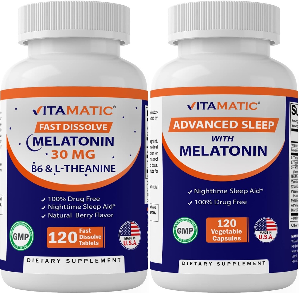 Vitamatic Melatonin 30mg Hergestellt mit B6, Magnesium, L-Theanin, L-Tryptophan, 5-HTP, GABA, Valerian, Kamille, Passion Flower, Ashwagandha & Black Pepper