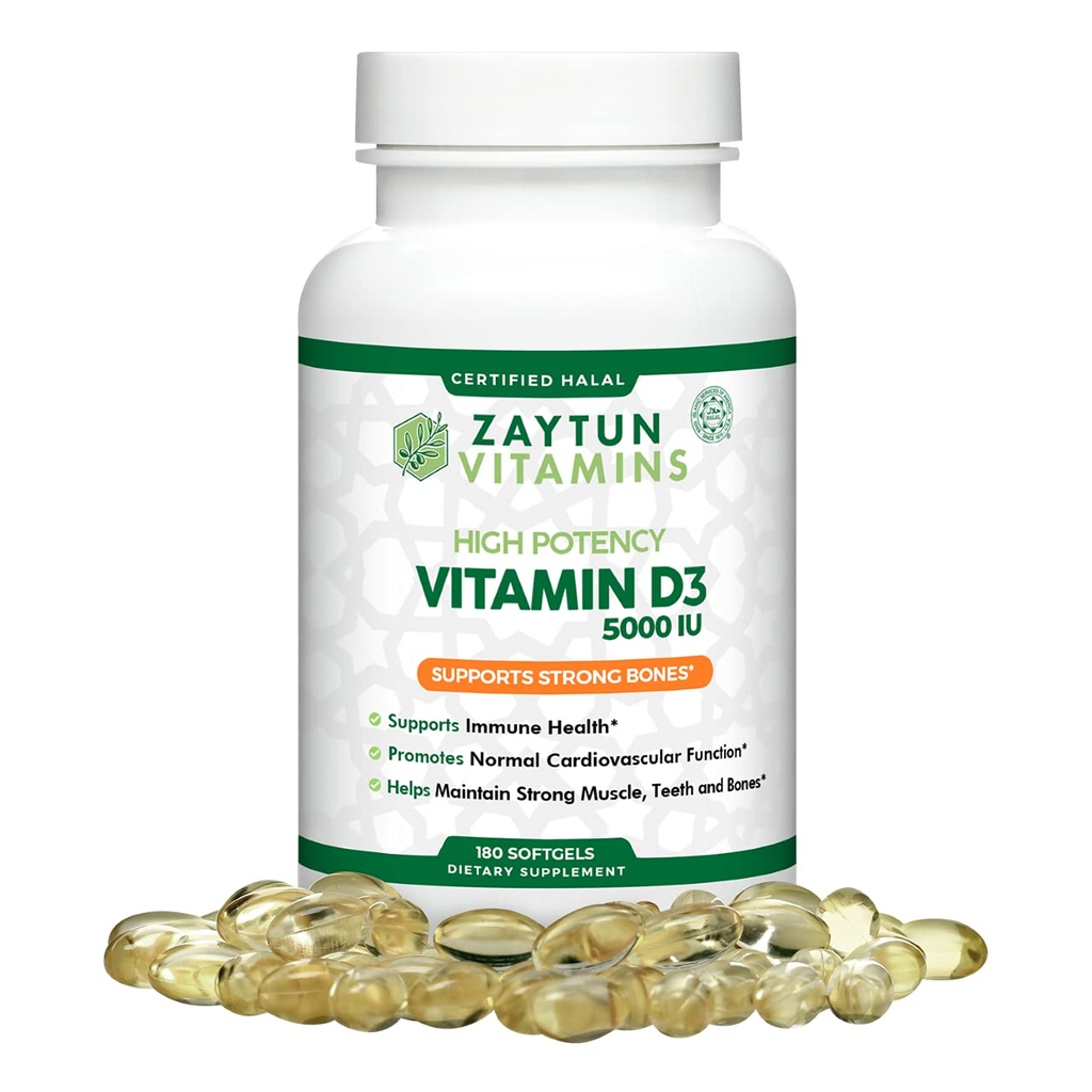 Zaytun halal vitamine D3 5000 UI, 180 mini softgels, soutient les os, la fonction musculaire saine et immunitaire, la vitamine D Premium de l'huile de carthame, 6 mois d'approvisionnement, non-OGM, sans gluten, fabriqués aux États-Unis