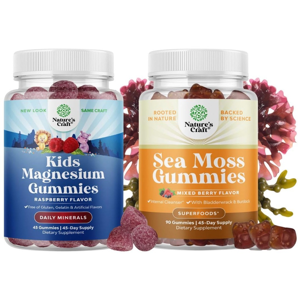 Bundle of Kids Magnesium Gummies - Calm Relaxing Mg Citrate with Raspberry Flavor for Nerve Health Muscles & Heart Support and Irish Sea Moss Gummies with Irish Sea Moss, Bladderwrack & Burdock Root