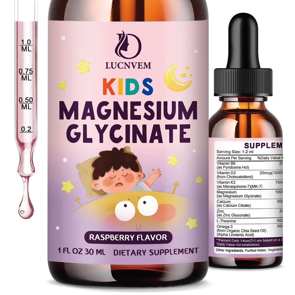 Enfants Magnésium Glycinat gouttes liquides de sommeil – Magnésium Glycinate avec L-théanine pour le sommeil et le soutien calme – sans mélatonine, sans sucre framboise Falvor – 1 bouteilles, 30ml Chaque