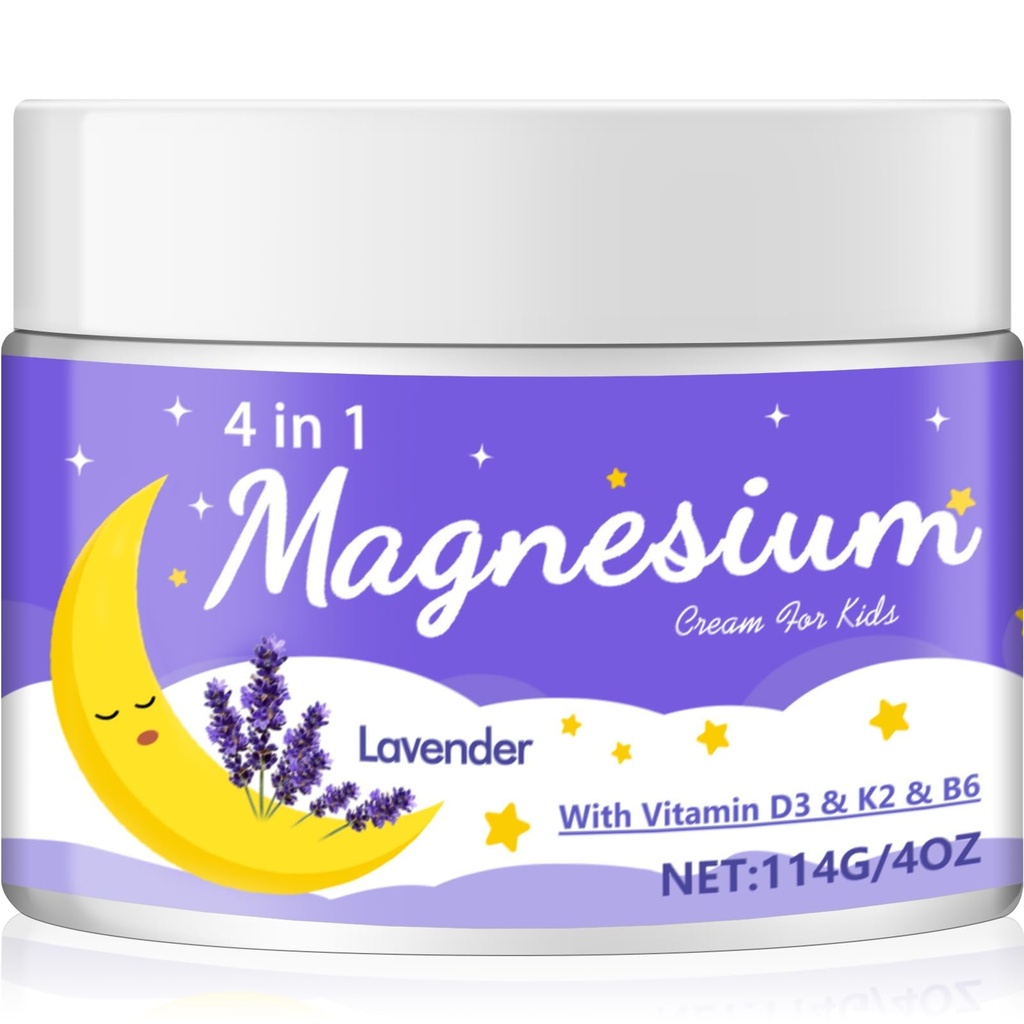 Magnesium Lotion for Kids, Magnesium Cream for Babies, Reduces Pre-Bed Anxiety & Extends Sleep Duration, Lavender with Vitamins D3, K2, B6, Melatonin-Free, for Sensitive Skin (4 Oz)-WN7