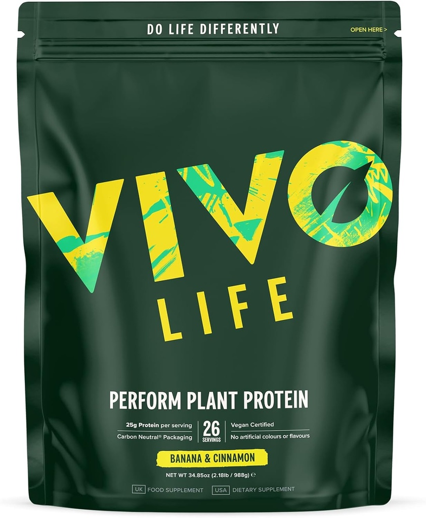 Vivo life Perform Plant Protein Powder - Pea & Hemp Protein Blend mit BCAA (34.85 oz, Banana & Cinnamon)