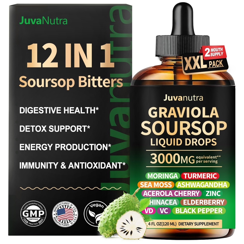 (4 Fl Oz) Soursop Bitters Liquid Drops 12 in 1 mit Sea Moss, Moringa, Turmeric, Echinacea & Ashwagandha Extract - Herbal Tonic for Digestive Wellness & Immune Support