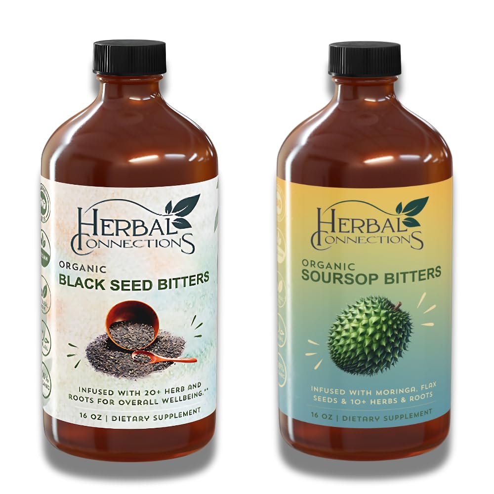 Kräuter-Verbindungen Bio Soursop & Schwarz Seed Bitters Bundle - Natürliche pflanzenbasierte Zutaten für gesunde Detox & Verdauungsgesundheit Zwei Flaschen, 32 Unzen (16 Unzen jeder), 64 Portionen