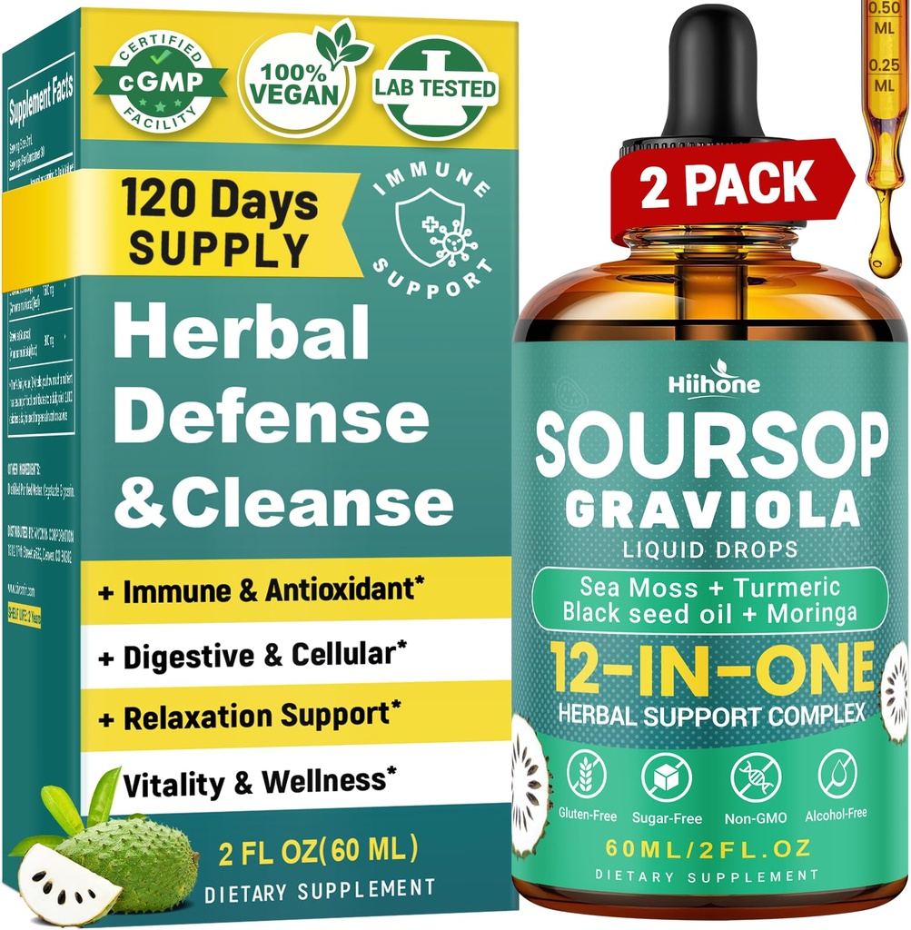 HIIHONE (2 Pack) 12-in-1 Soursop Bitters Flüssigkeitstropfen mit Sea Moss, Black Seed Oil, Moringa für Zellunterstützung & Regeneration, Immunität, Leber, Gut & Antioxidans - 2 Fl Oz
