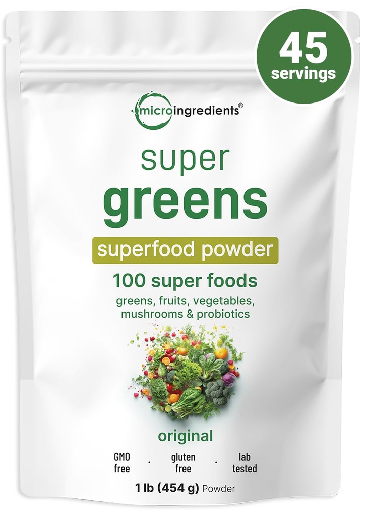 Micro Ingredients Super Greens Powder, 1lb | 100 Superfood Blend mit täglicher Grüns, Obst, Gemüse, Pilze & Probiotika | Quelle von Vegan Protein & Enzymes | Non-GMO, Gluten-Free, Keine Zusatzstoffe