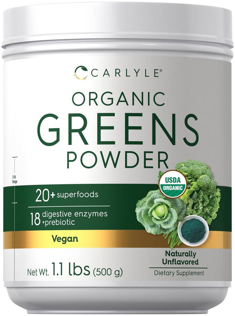 Carlyle Organic Greens Powder | 17.6 oz Supplement | Relieves Occasional Gas, Beschwerden & Bloating | mit 20+ Superfoods, 18 Verdauungsenzyme und Präbiotika | Vegan, Non-GMO und glutenfrei