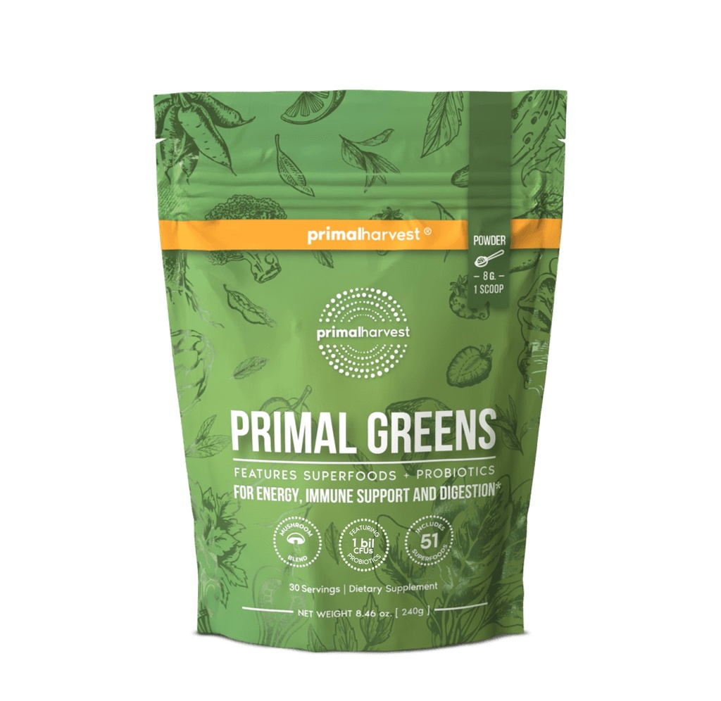 Primal Harvest Super Greens Poudre, 30 portions w/+50 Greens Superfood Chlorella, Probiotiques, Thé vert, Blégrass, Kale, Curcuma pour l'énergie,Primal Greens