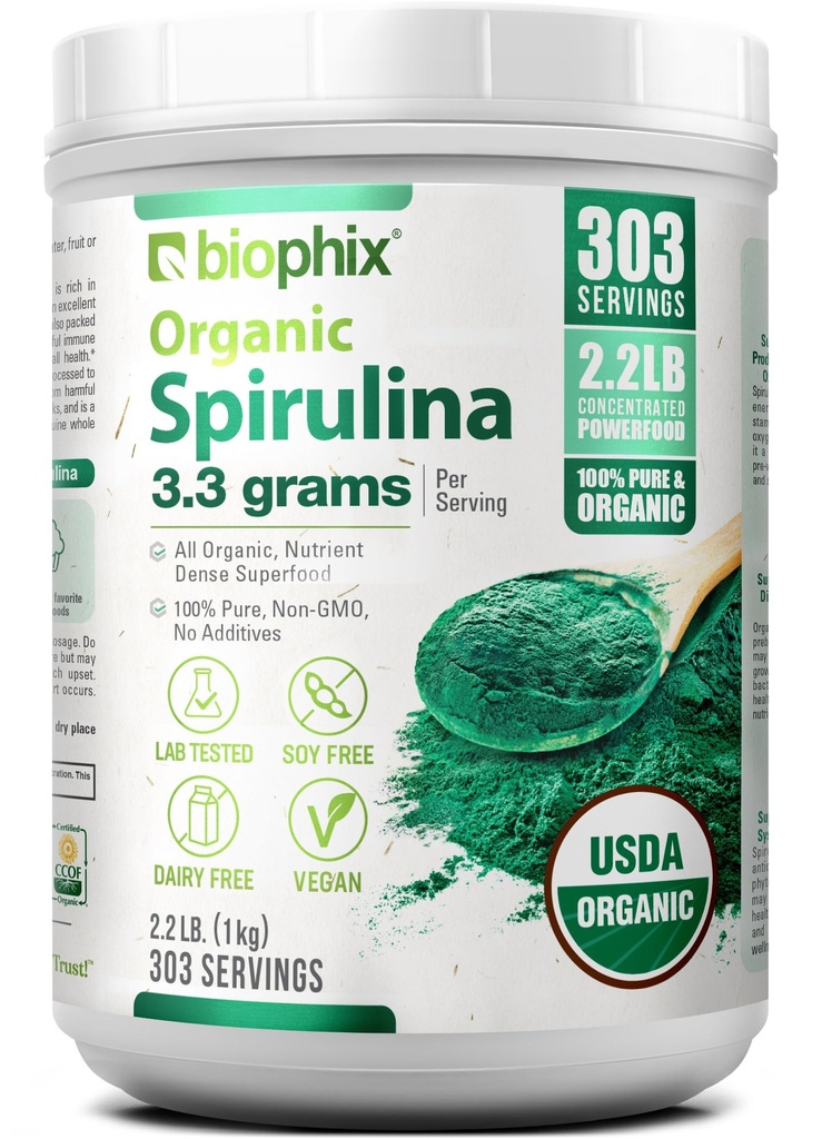 Biophix Organic Spirulina Pulver, 2,2 lbs 100% reines Spirulina Blue Green Algenpulver, vegan, nicht gentechnisch verändert, nicht bestrahlt, USDA zertifiziert, Best Protein Superfood