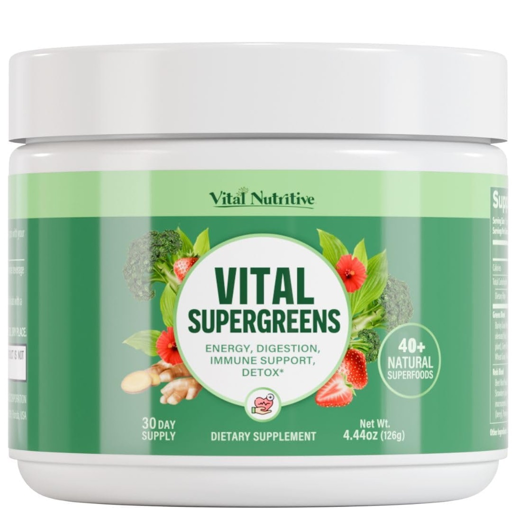 Vital Greens Superfood Powder – Nouvelle formule avec 40+ Superfoods Daily Green Drink Powder w/Probiotics – Supergreens for Energy, Gut Health, Digestion Support, Plant-Based, Vegan Superfoods