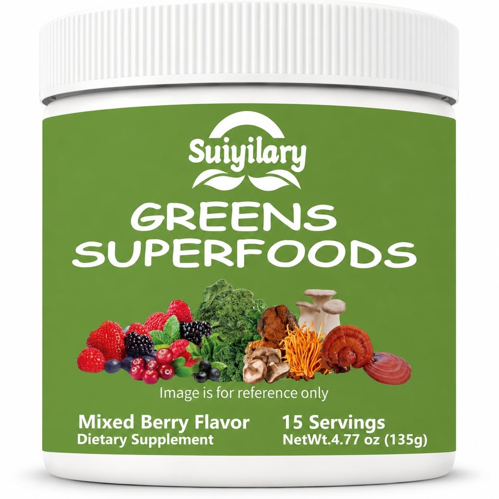 Suiyilary Greens Superfoods Poudre pour la santé digestive, sans sucre Super Greens Poudre, Spiruline, Chlorella pour Bloating & Gut Support, Soutien quotidien pour les femmes, Berry mélangé (15 portions)