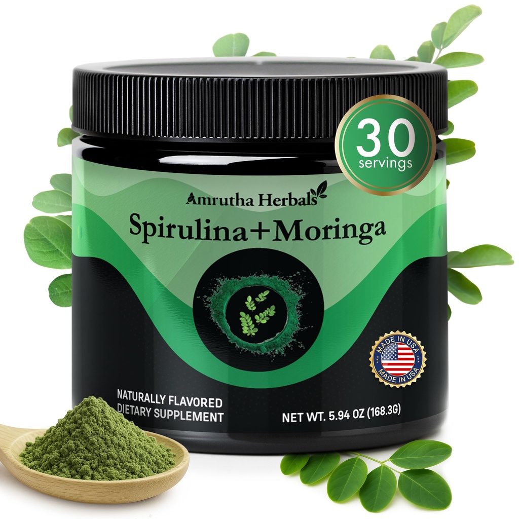 Spiruline biologique + Poudre de vert de moringa biologique, sans gluten, végétalien, détox & digest, superaliments 30 portions fabriquées aux États-Unis