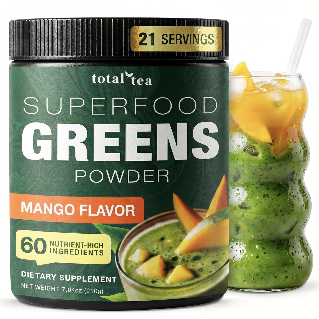 Total Thé Super Verts Supplément en poudre, Verts, Fruits, Légumes, Boissons Vegan avec Spiruline, Chlorella et Vitamines 25 portions - Mangue
