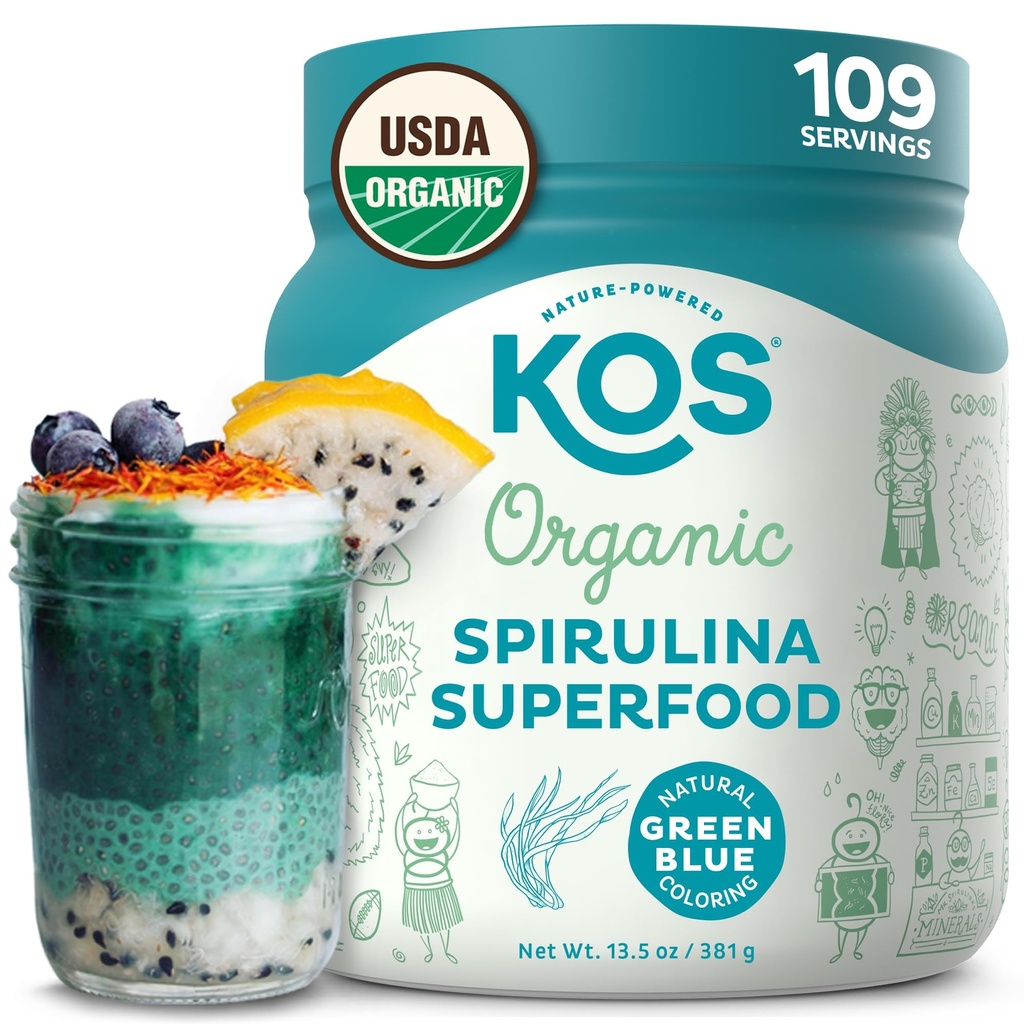 Poudre de spiruline biologique KOS - USDA Certified Organic, 109 portions de poudre de superaliments pour smoothies et jus, Algae Vert Bleu non irradiée, plante à base d'antioxydants, végétalien (13,5 oz)