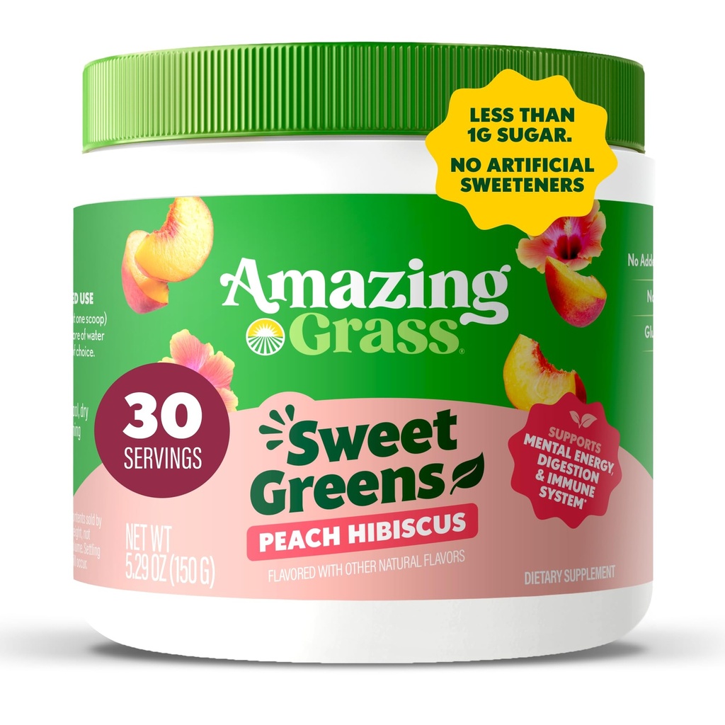 Amazing Grass Sweet Greens and Superfoods Poudre pour la santé digestive, Poudre de Verts, Enzymes digestifs, Probiotiques, Spiruline, Chlorella, Peach Hibiscus, 30 portions