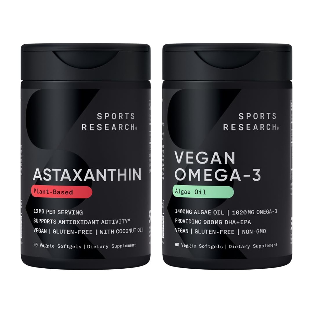 Sport Research® Vegan Antioxydant Support Pack - Omega-3 Huile d'algues et astaxanthine à base végétale pour l'activité antioxydante, la peau et la santé des yeux (60 softgels veggies chacun)