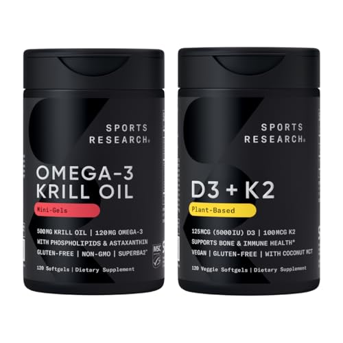 Sports Research® Multivitamine Pack - Omega-3 Krill Oil 500mg avec/Cholin, Phospholipides et Astaxanthine et Vitamine K2 et Vegan D3 5000iu avec huile de noix de coco MCT - Non-OGM · Sans gluten