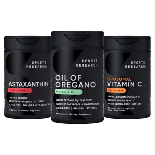 Sport Research® Antioxidans Support Pack - Öl von Oregano 9500mg + Triple Strength Astaxanthin 12mg + Liposomal Vitamin C Supplement 1000 mg