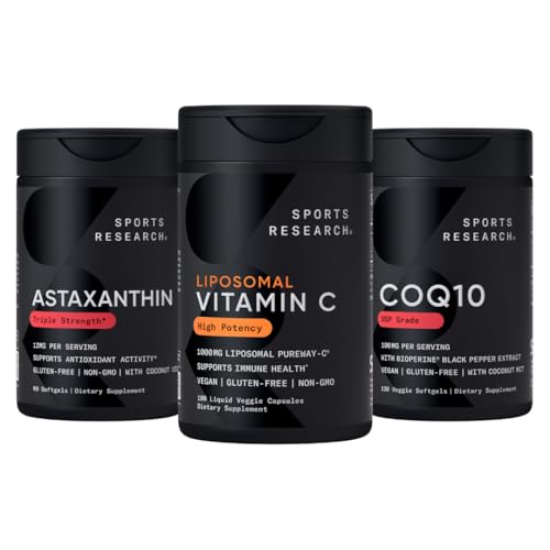 Sports Research® Antioxydant Support Pack - Supplément de vitamine C liposomique haute puissance 1000mg + Coenzyme Q10 100mg + Astaxanthine triple résistance 12mg avec huile de coco organique
