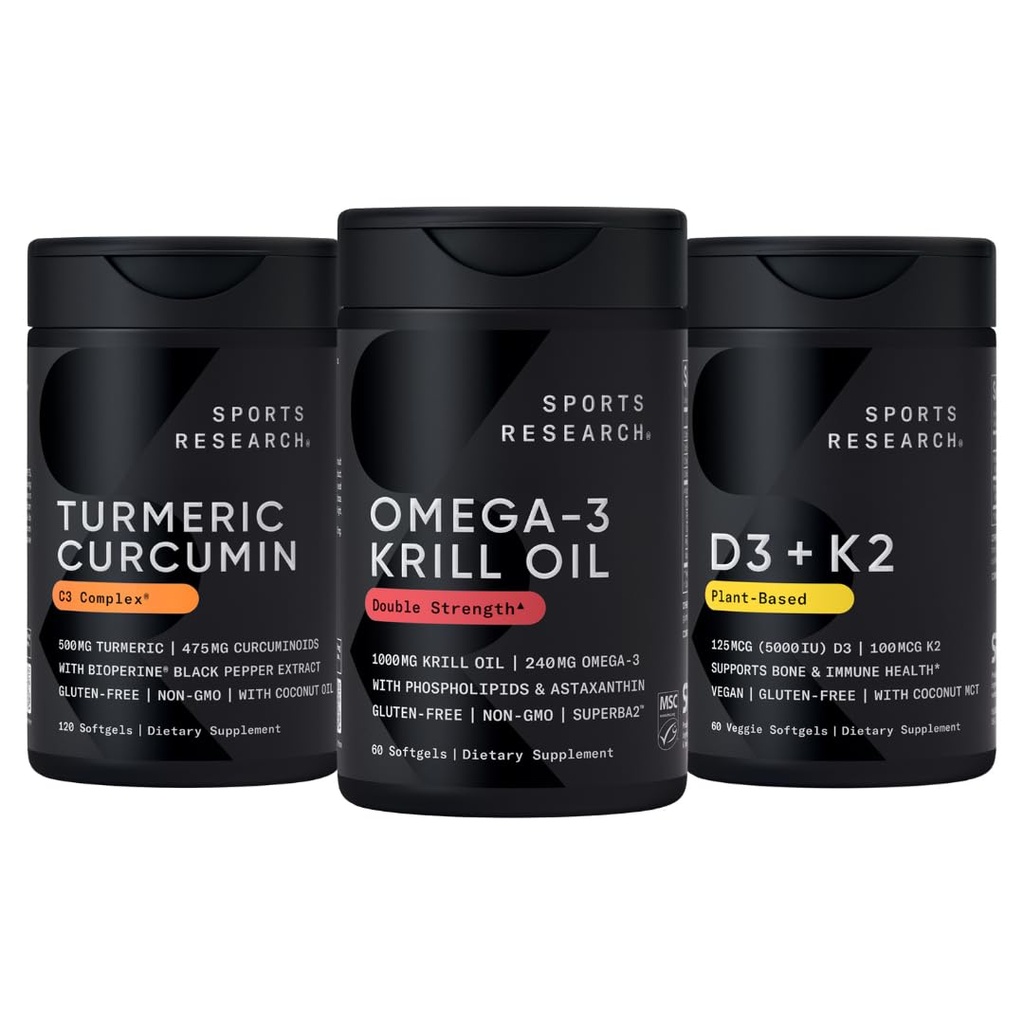 Sportforschung Antarktis Krillöl Omega 3 1000mg (mit Phospholipiden, Choline & Astaxanthin), Kurkuma C3 Complex (mit Bioperine Black Pepper & Coconut Oil) & Pflanzenbasiertes Vitamin D3 + K2