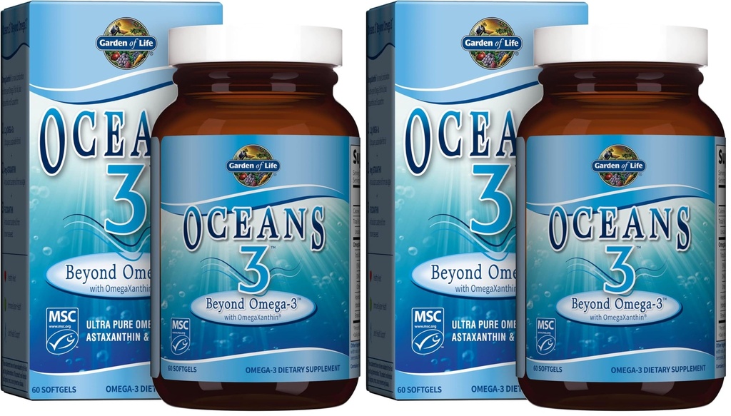 Garten des Lebens Ozeane 3 Jenseits Omega-3 mit OmegaXanthin, EPA, DHA Ergänzungen, Fischöl mit 1200 mg Omega 3, Astaxanthin & Brown Seaweed Extract - 60 Softgels, (Pack von 2)