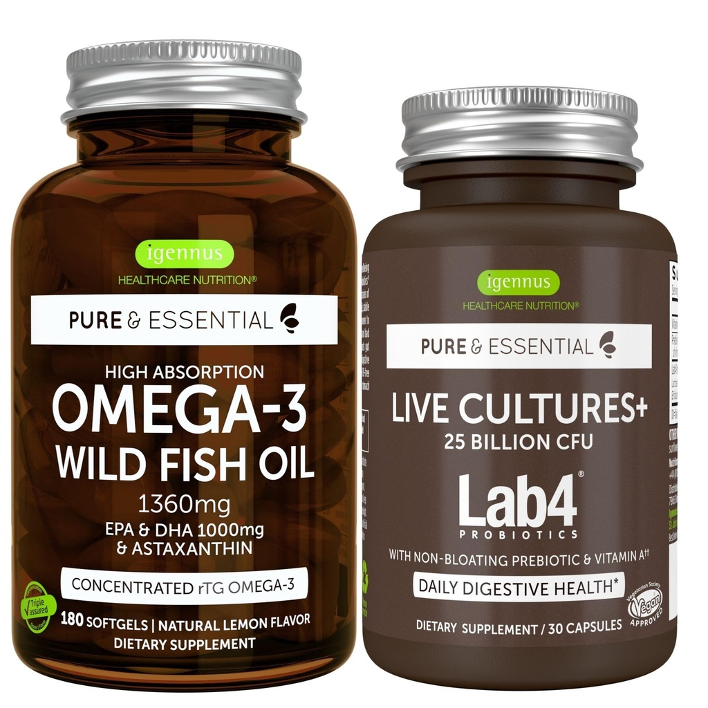 Pure & Essential High Absorption Omega-3 Wild Fish Oil 1360mg + Live Cultures+ Lab4 Probiotics Bundle, 1000mg EPA & DHA mit Astaxanthin + 25 Billion CFU Lactobacillus Acidophilus & Bifidobacterium wi