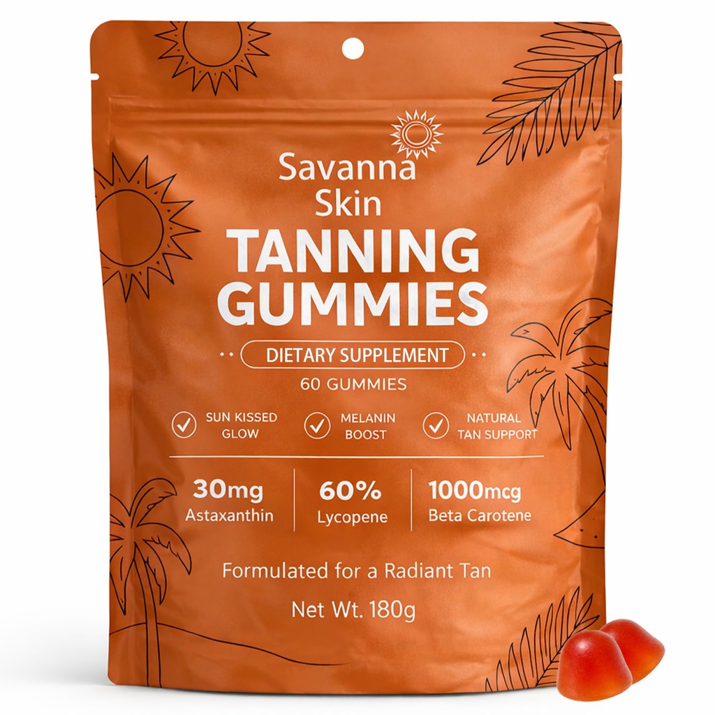 Gummies de bronzage de la peau Savanna, avec vitamine C et E, astaxanthine, bêta carotène, radiance de la peau et hydratation pour la recherche naturelle Glow, Bronzing, non-OGM, végétalien et sans sucre - 60 Compte (1)