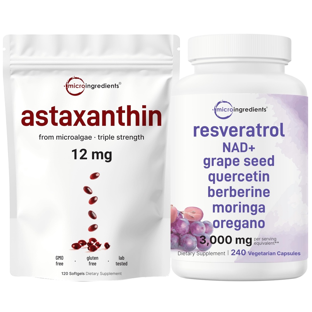 Micro Ingredients Astaxanthin 12mg Softgels & Resveratrol NAD Ergänzungen 3.000mg Veggie Kapseln | 2 Pack Bundle | Frische Microalgae Quelle | 11-in-1 Antioxidante Mischung mit Quercetin & Berberine