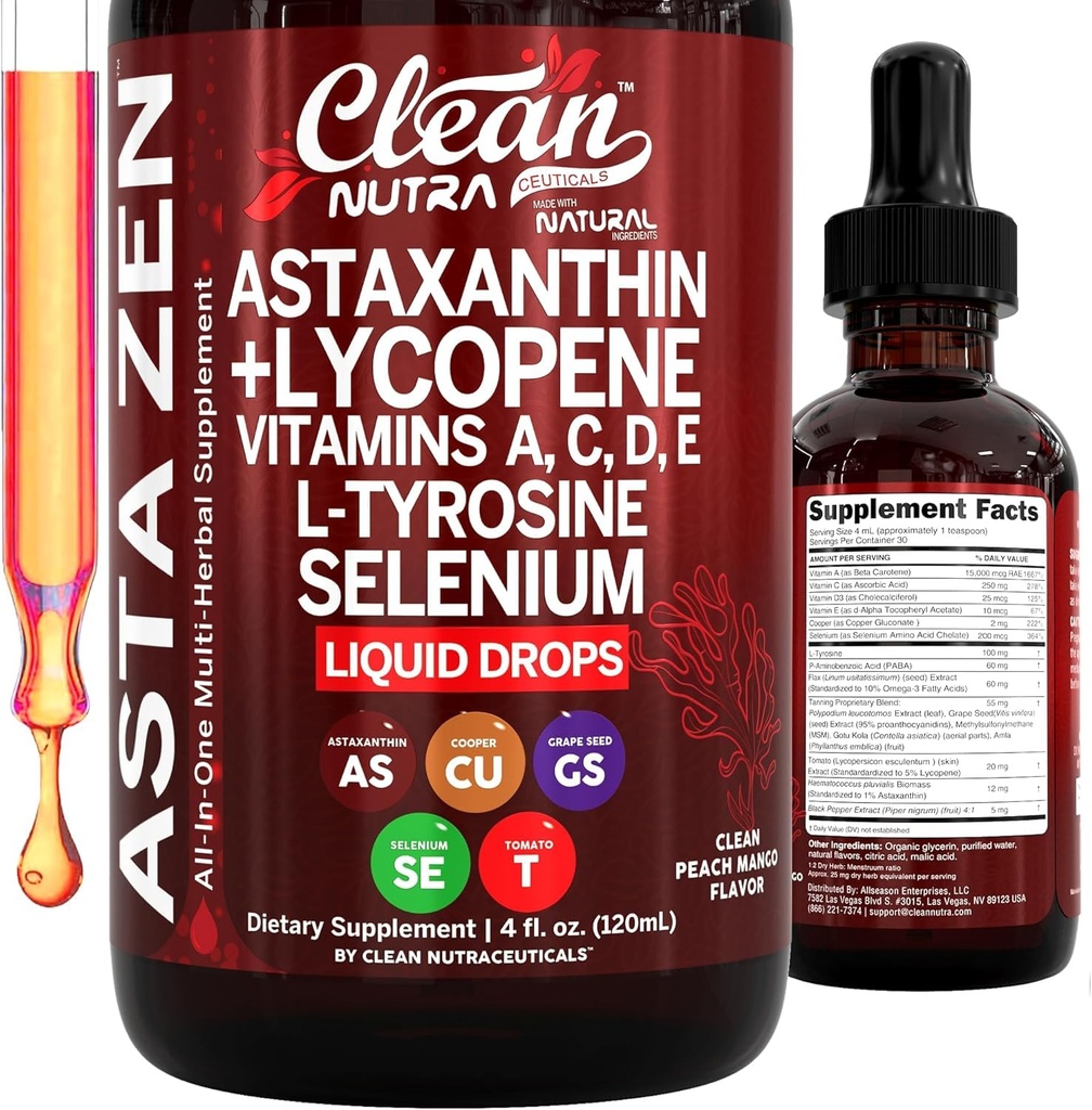 Clean Nutra Astaxanthin Lycopin Flüssigkeitstropfen Absorptionsunterstützung Vitamine A C D E 4 fl oz – Potent Natural D3 C E A & Selen L-Tyrosin Formel Reine Antioxidantien Mischung Verbesserte Nährstoffaufnahme