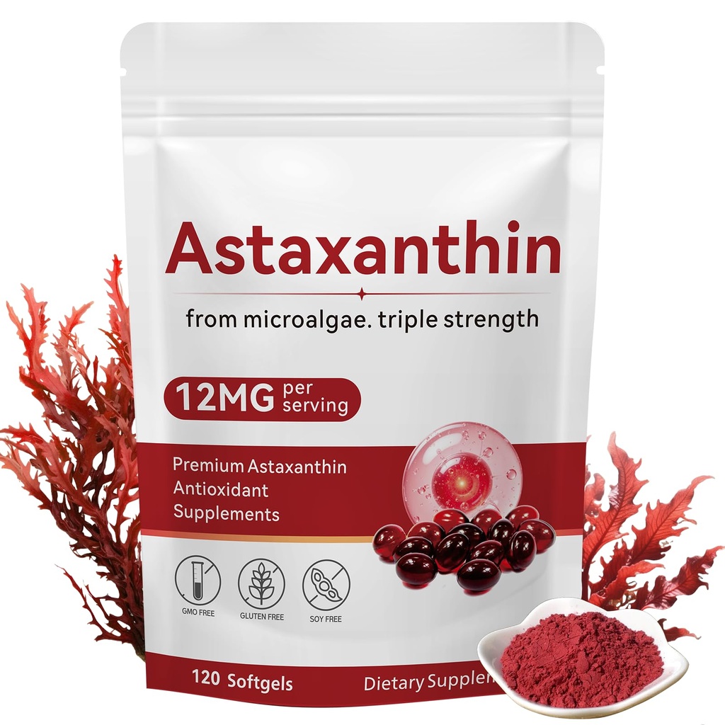 Astaxanthin 12mg, 120 Softgels, Premium Astaxanthin Antioxidans Ergänzung unterstützt Augen, Hautgesundheit, Immune, Interne Zirkulation