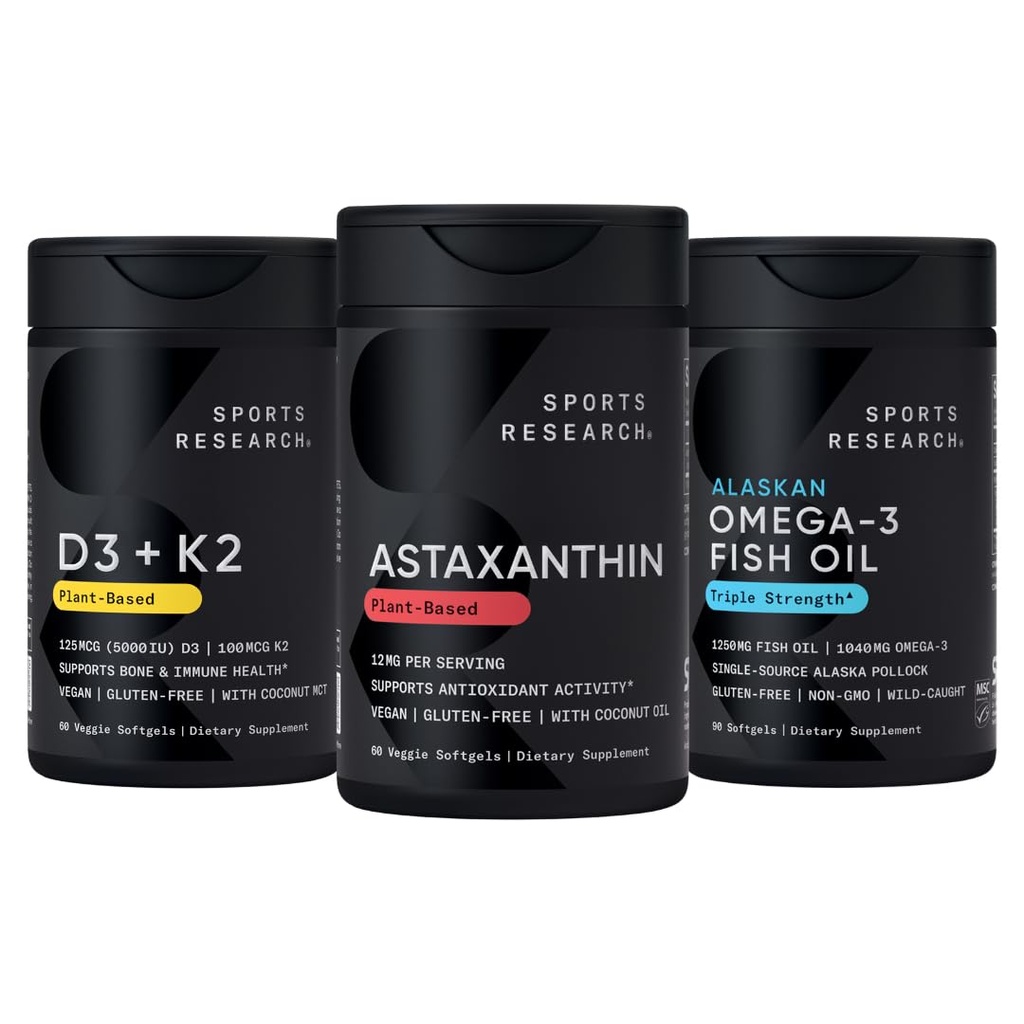 Sport Research® Antioxidans Support Pack w/Triple Strength Vegan Astaxanthin Supplement von Algae, Omega-3 Fischöl 1250mg und Vitamin D3 5000iu & Mk7 Vitamin K2 mit Kokosnuss MCT Öl