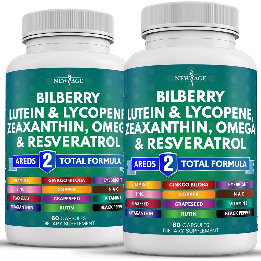 NEW AGE Augengesundheit Vitamine mit Bilberry 300mg Lutein & Zeaxanthin 40mg Lycopin 40mg Resveratrol 100mg Traubenkernextrakt 200mg Astaxanthin - Augenvitamin -120 Count