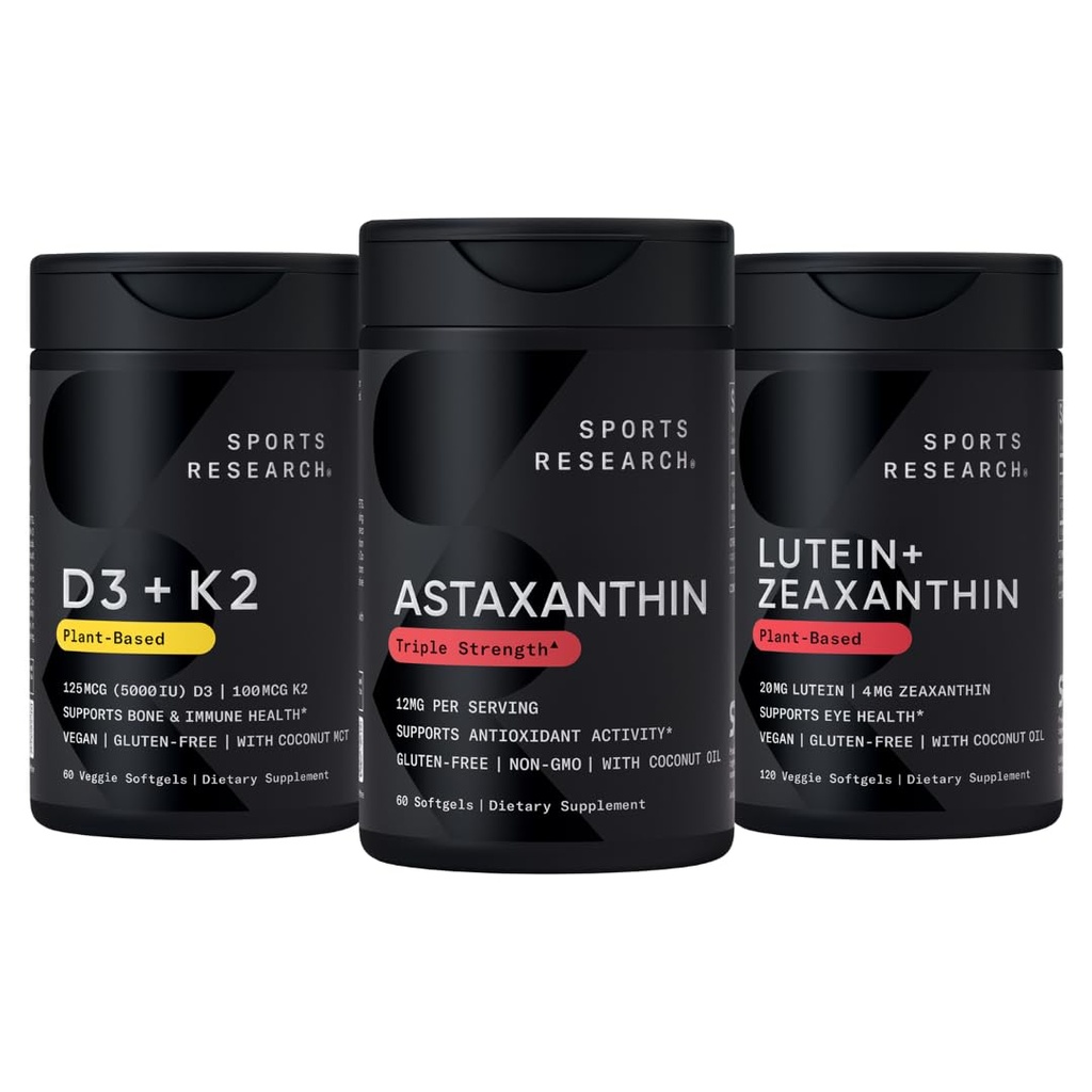 Sports Research® Antioxydant Support Pack w/Astaxanthin 12mg, Vitamine D3 5000iu + K2 100mcg, et Lutéine 20mg + Zeaxanthin 4mg Suppléments - Vegan Certified · Non-OGM · Sans gluten et sans soja