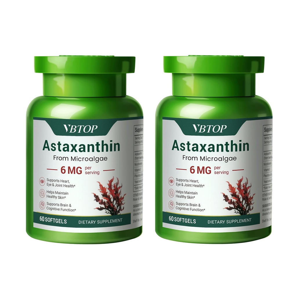 2 Flaschen Astaxanthin 6 mg, Premium Astaxanthin-Ergänzung mit antioxidativer Aktivität, unterstützt Augen-, Haut-, Gelenk- und Immunsystemgesundheit. Frische Microalgae Quelle, Non-GMO, glutenfrei - 120 Softgels