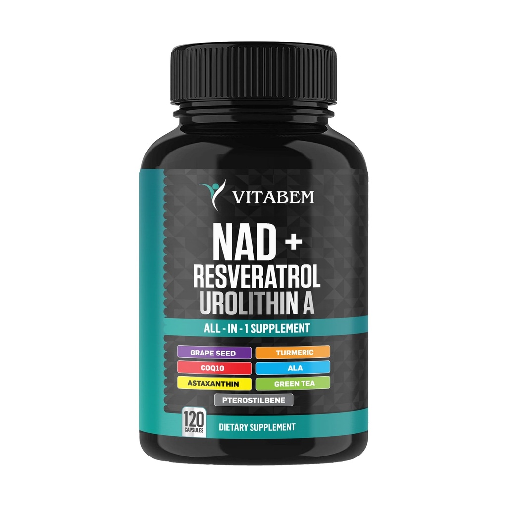 Complexe complémentaire NAD+ – Supplément NAD+ 300 mg avec Astaxanthine, Urolithine A, Resvératrol, CoQ10 et mélange antioxydant – Énergie cellulaire, support mitochondrial – 120 Compte (paquet de 1)