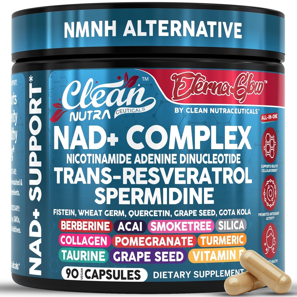 NAD Resveratrol Supplement Spermidine Fisetin Quercetin Graines de raisin Gotu Kola Berberine Astaxanthin Taurine grenade Acai Anti vieillissement Capsules de longévité pour les femmes Hommes EternaGlow par Nutra propre 90ct